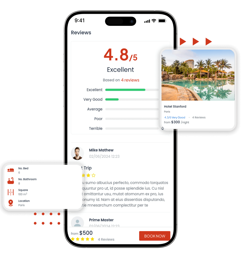 MakeMyTrip clone reviews ratings and property detail with booking features