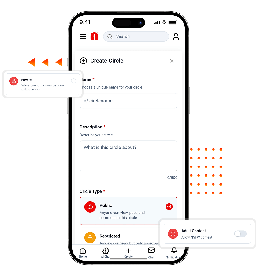 Reddit Clone Circle Creation and Privacy Control Features
