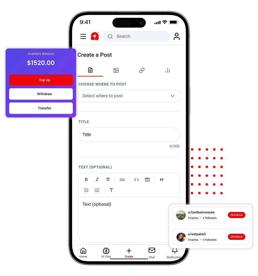 Reddit Clone Wallet Integration and Creator Monetization Features