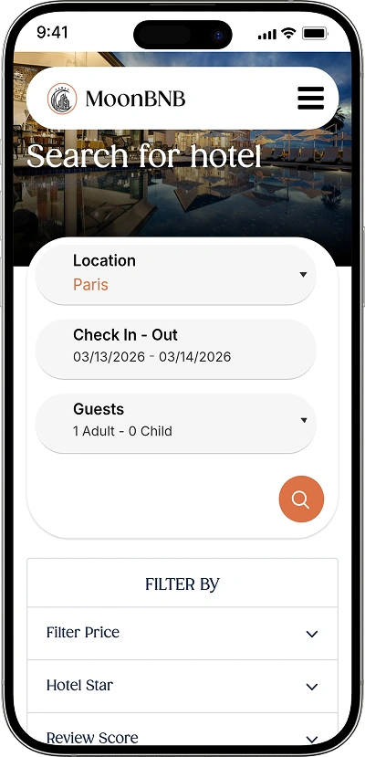 Airbnb Clone Hotel Search and Booking Interface Screen