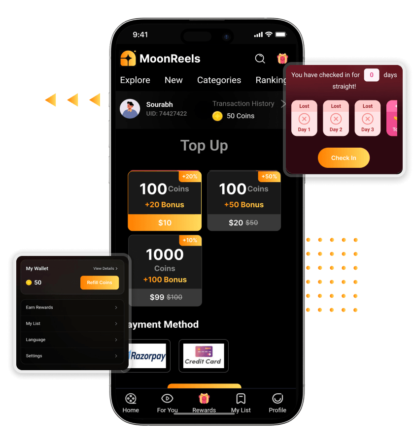 ReelShort Clone Wallet System, Rewards, and Coin Recharge Features