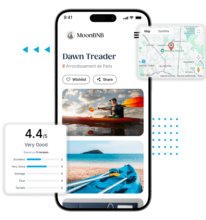 Kayak Rental Software Property Details, Map View, and Ratings Insights Features