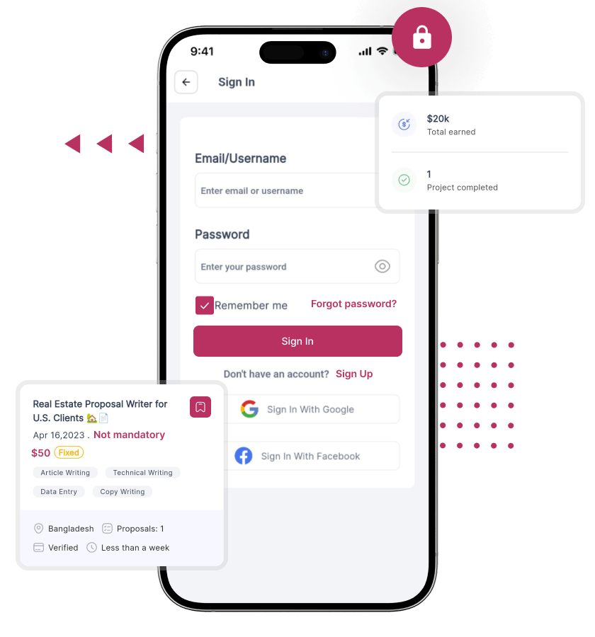 White Label Freelance Marketplace Software user authentication, earnings overview, and job listing features