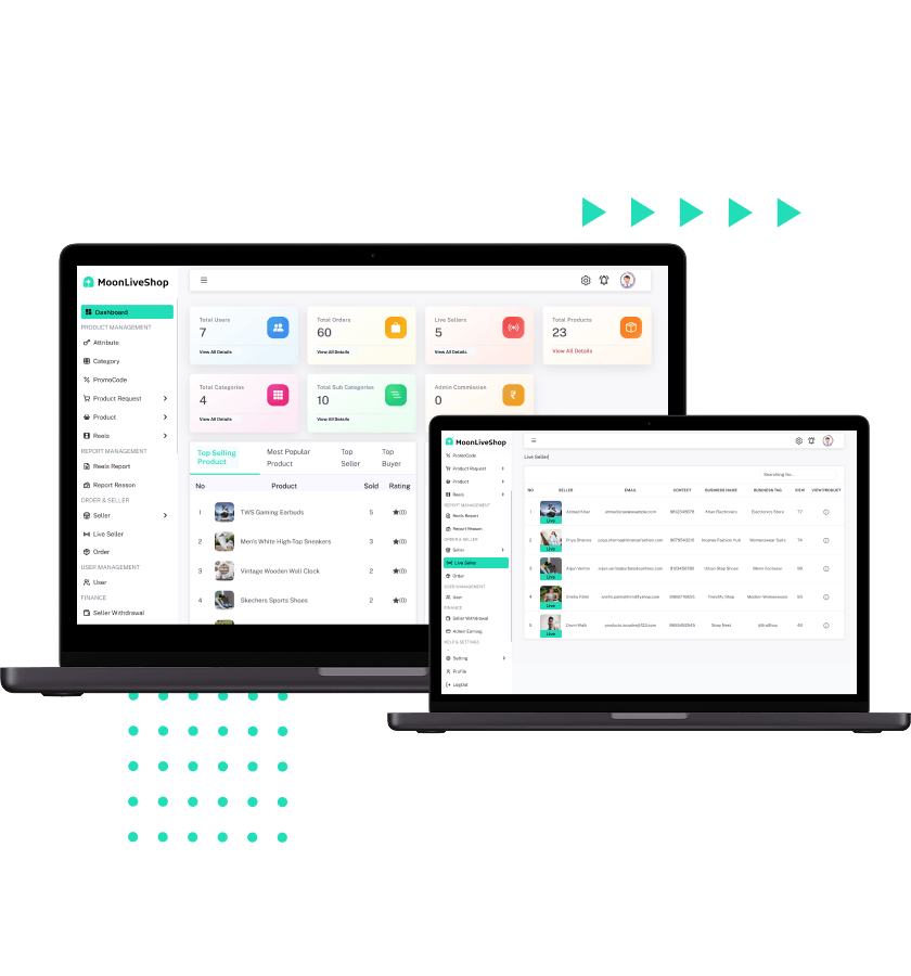 White Label Live Streaming Shopping Platform admin dashboard, seller management, and platform analytics features