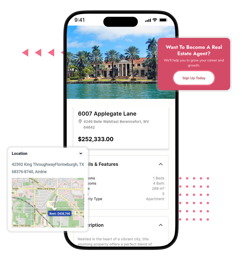 White Label Real Estate Marketplace App property details, location map integration, and agent onboarding features