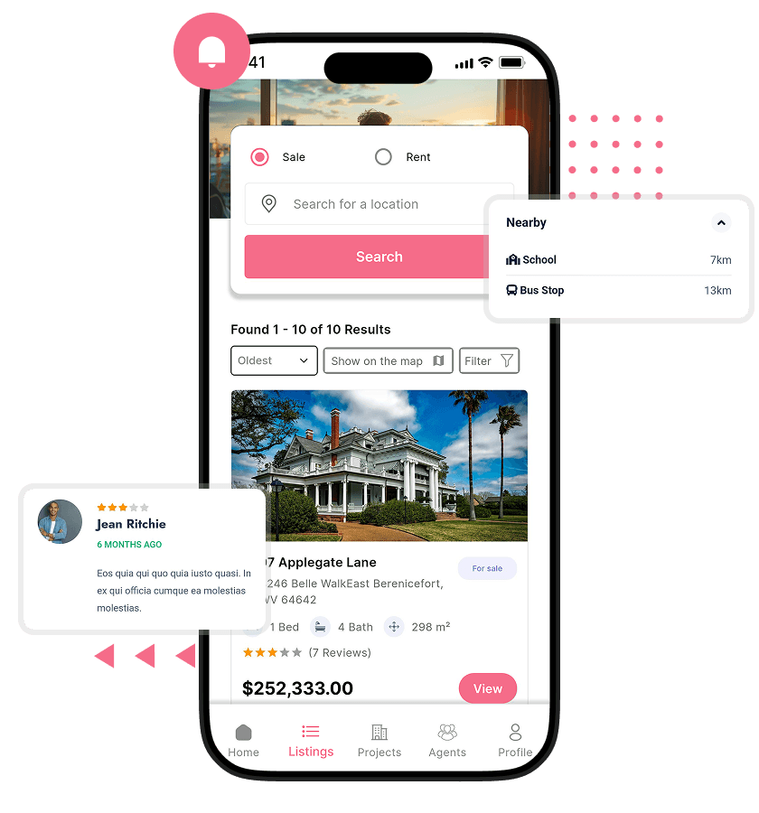 White Label Real Estate Marketplace App property search, nearby location insights, and customer review display features