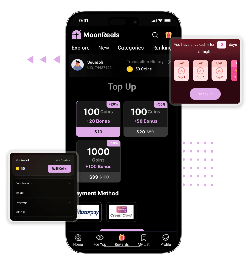 White Label Short Drama OTT App Wallet, Rewards, and Daily Check-In Features