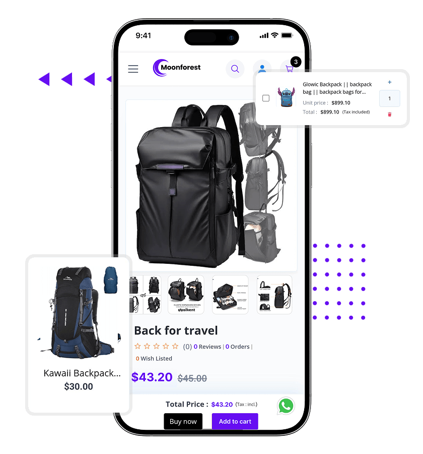White label e-commerce platform product details, cart management, and add to cart features