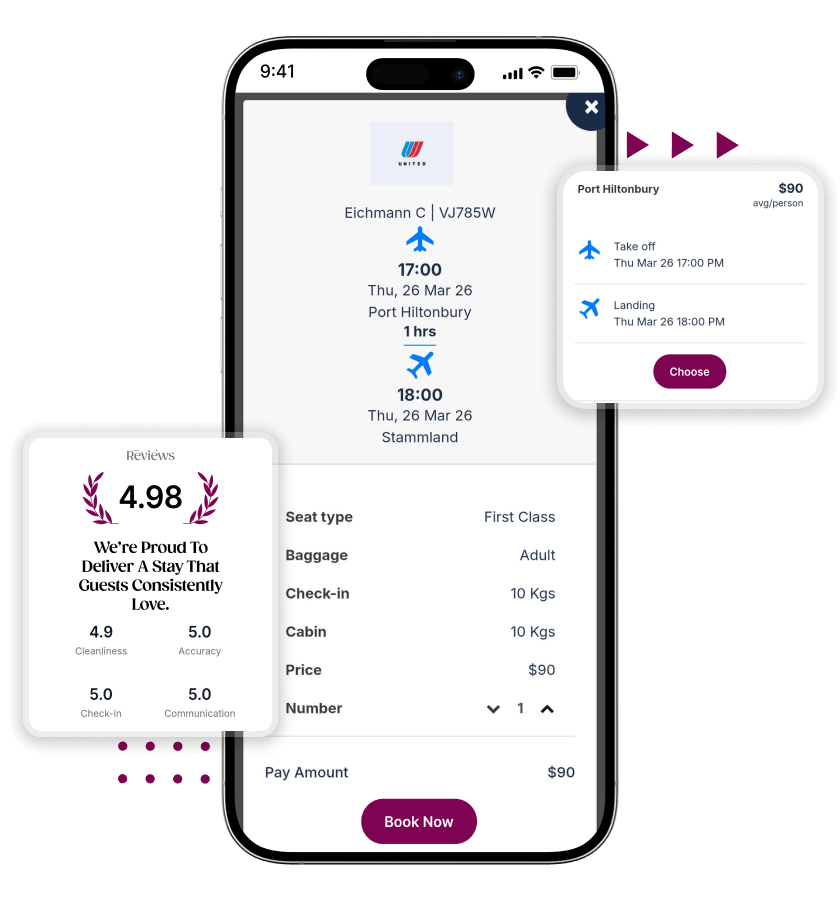 White label vacation rental app booking flow, pricing details, and secure checkout features