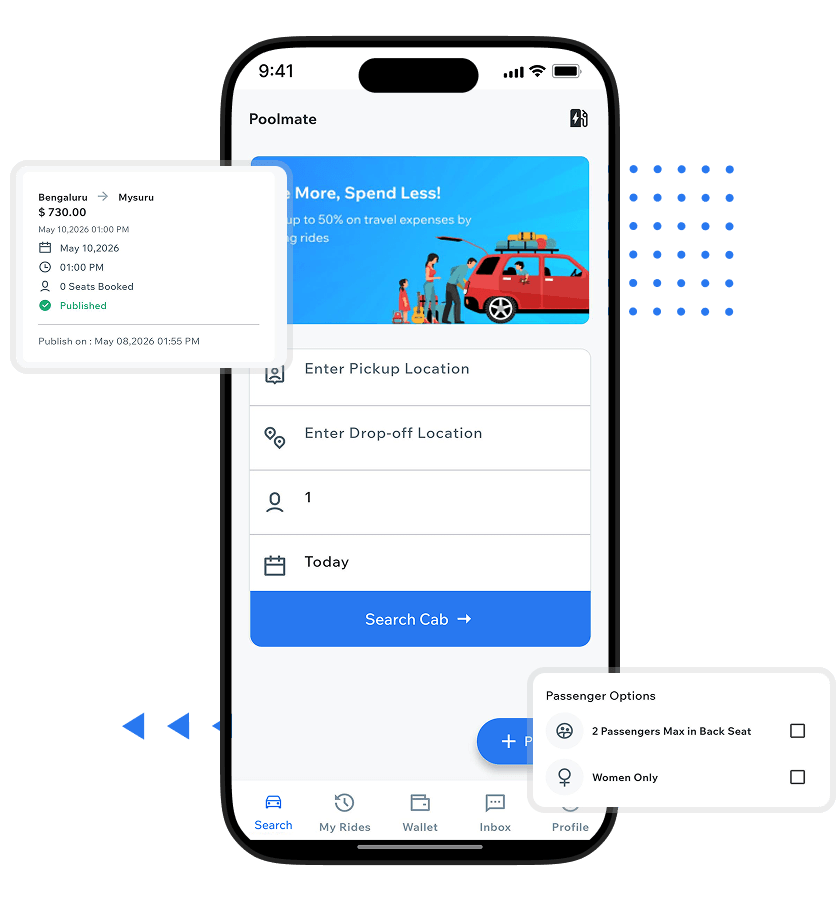 BlaBlaCar clone ride search homepage with shared trip booking, passenger preference filters, and published ride discovery features