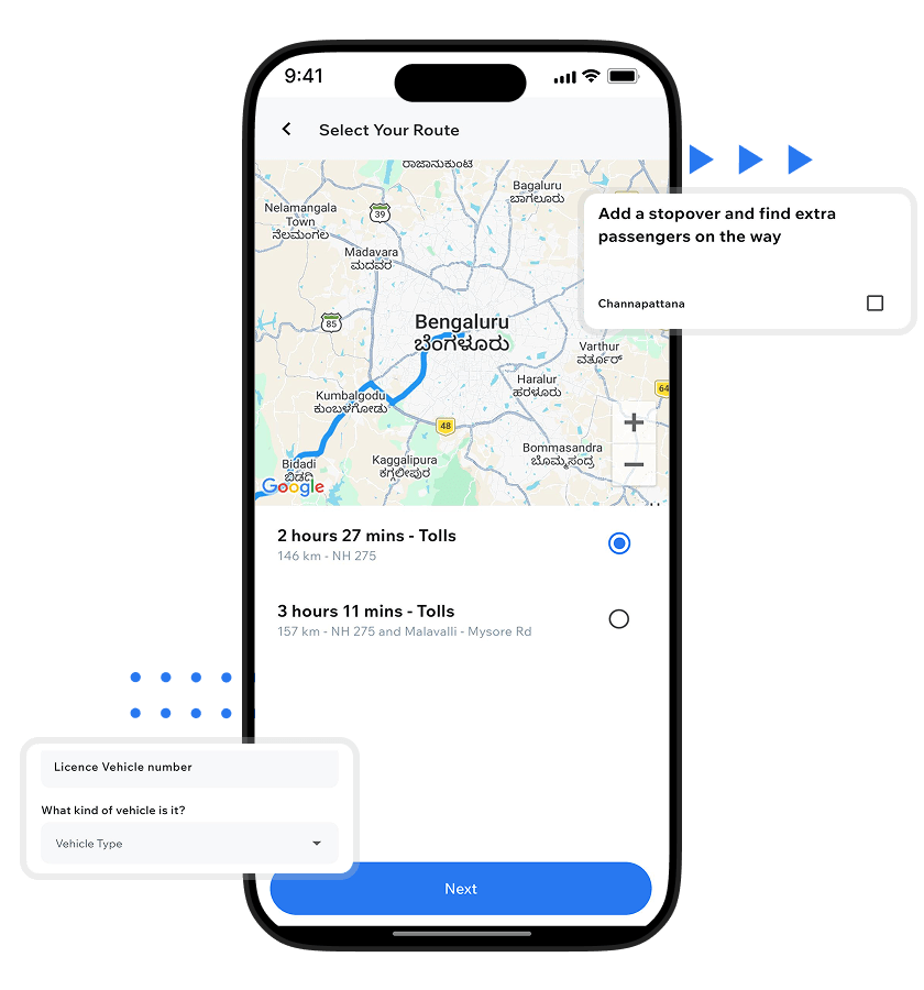 BlaBlaCar clone route selection screen with toll route comparison, stopover management options, and vehicle registration setup features