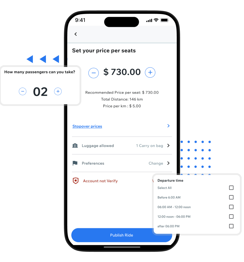 BlaBlaCar clone seat pricing screen with fare adjustment controls, departure time filters, and ride publishing management tools