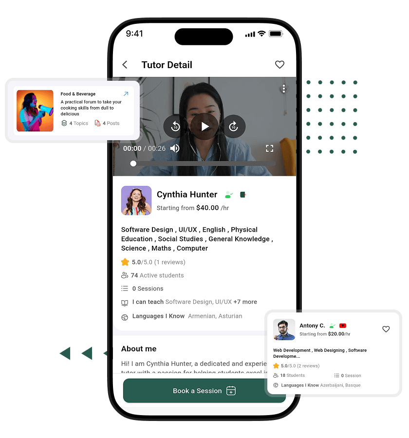 Byju’s clone tutor profile with expert educator details, session booking options, and community forum engagement features