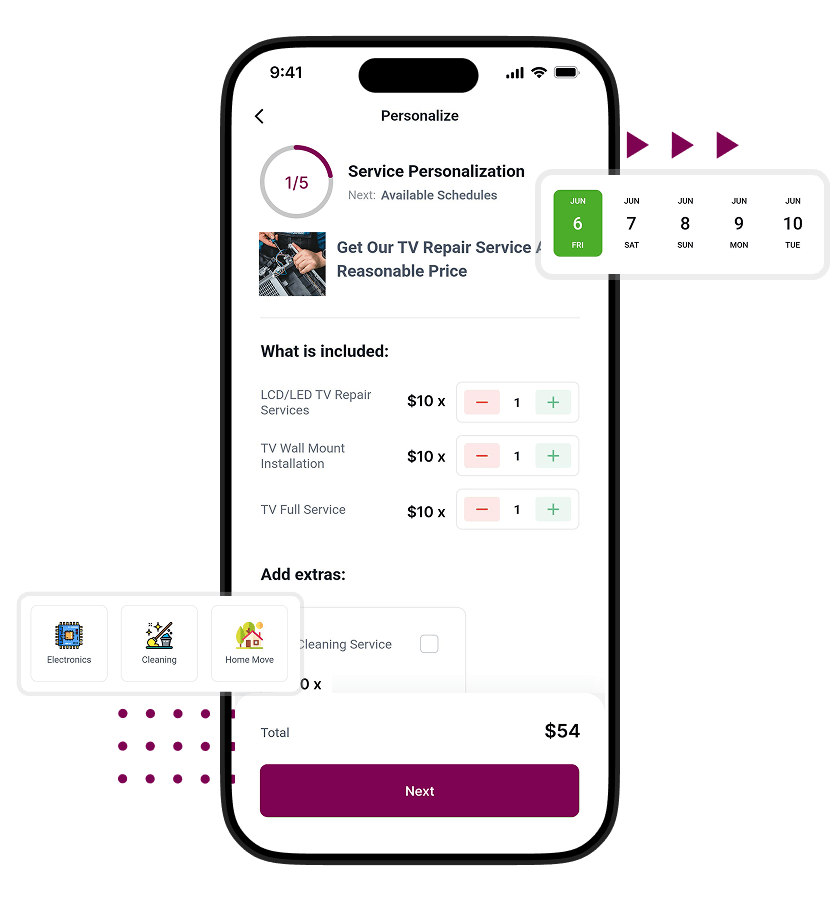 Handyman app script service customization feature with add-ons, category selection, schedule booking, and dynamic pricing calculator