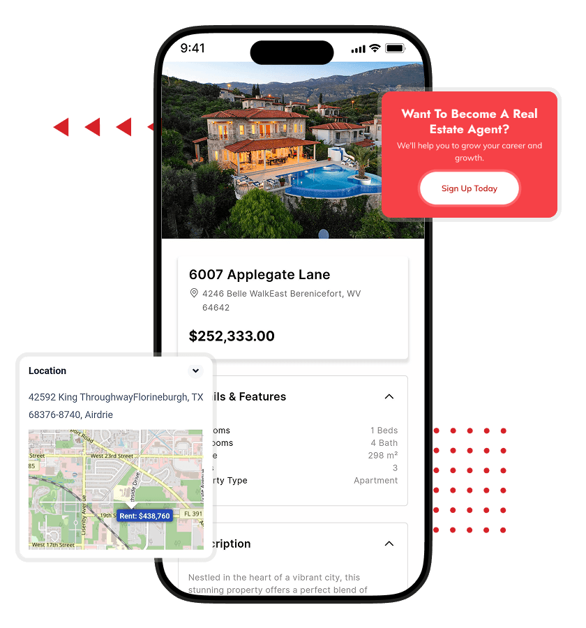 Realtor clone property details with interactive location maps, real estate agent onboarding banners, and property feature insights