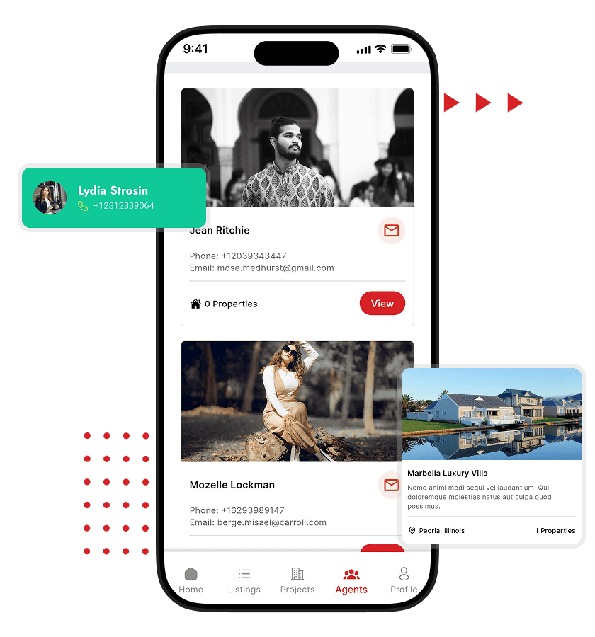 Realtor clone realtor directory with agent contact cards, featured property previews, and direct communication features