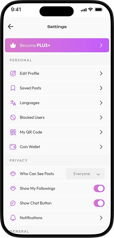 TikTok clone app settings screen with privacy controls, saved posts, QR code access, and notification management