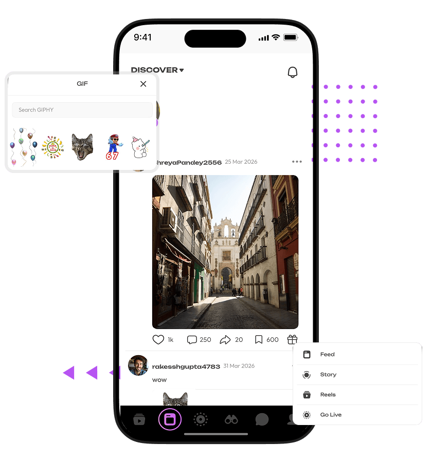 TikTok clone content creation, GIF sharing, reels publishing, and live streaming interaction features