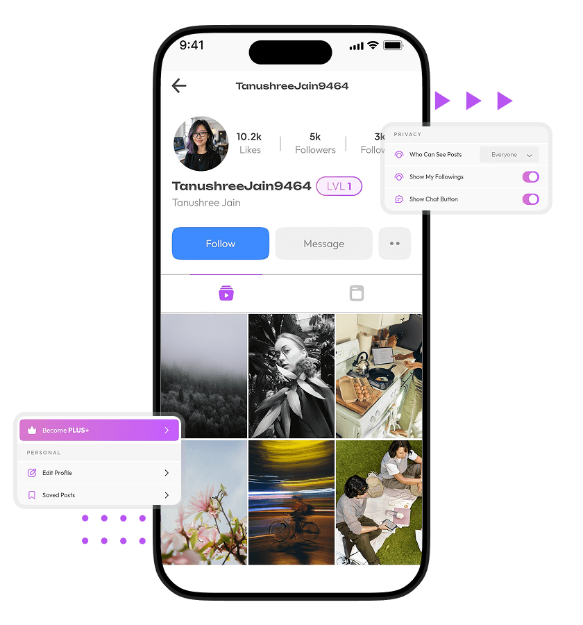 TikTok clone creator profile management, premium membership, privacy controls, and social engagement features