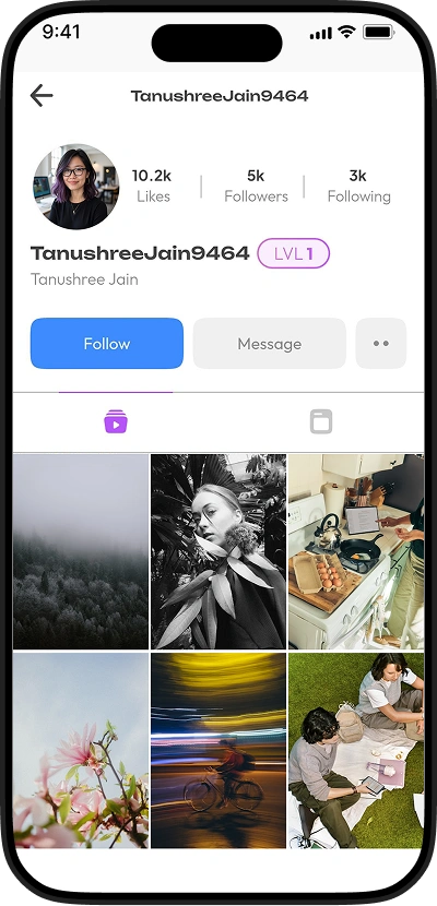 TikTok clone creator profile screen with follower statistics