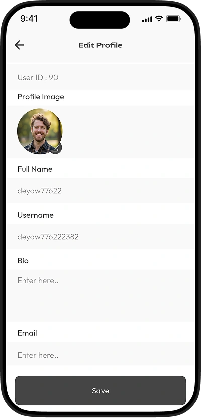 TikTok clone edit profile screen with profile image upload, bio customization, and account information management