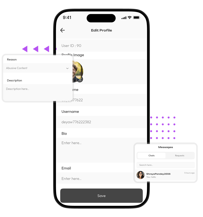 TikTok clone profile editing, user reporting, direct messaging, and account management features