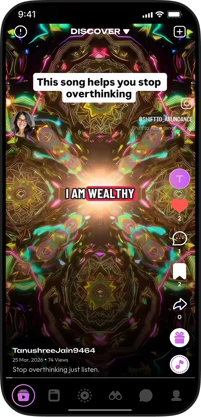 TikTok clone short video discovery feed screen with engagement actions