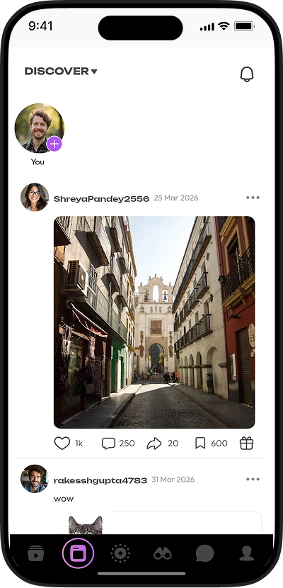 TikTok clone social feed screen with creator posts