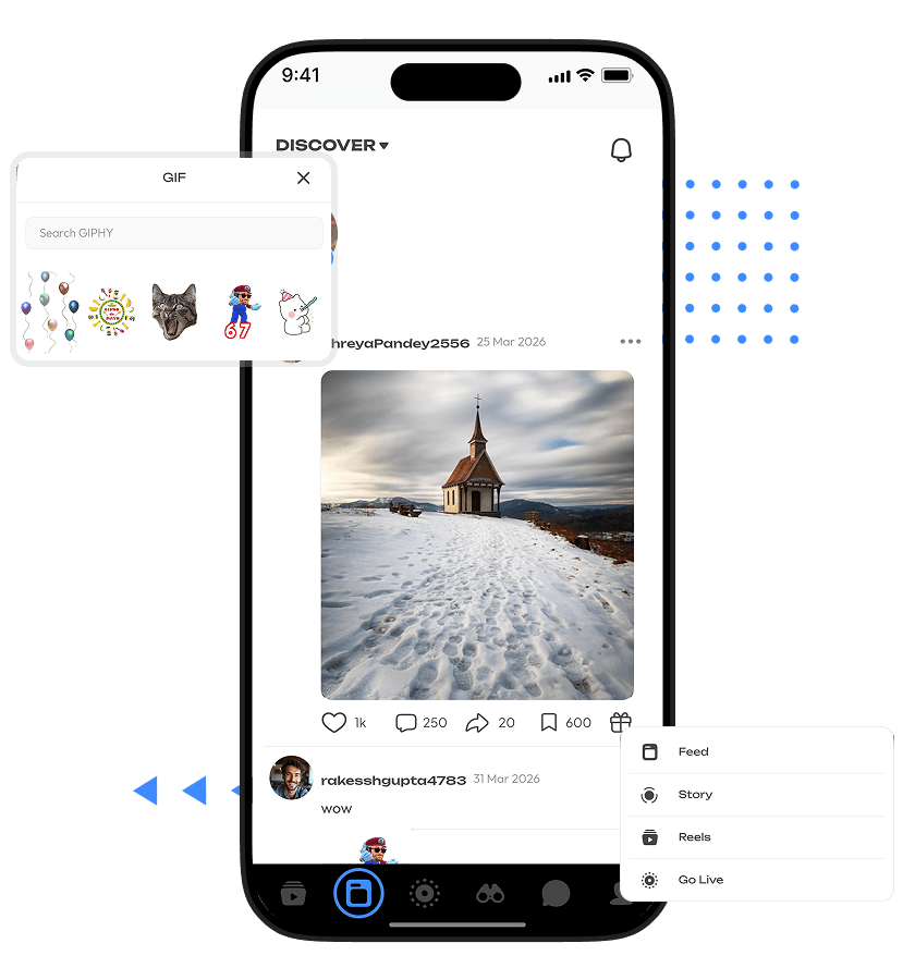 UpScrolled clone content sharing, GIF integration, reels publishing, stories, and live streaming creation features