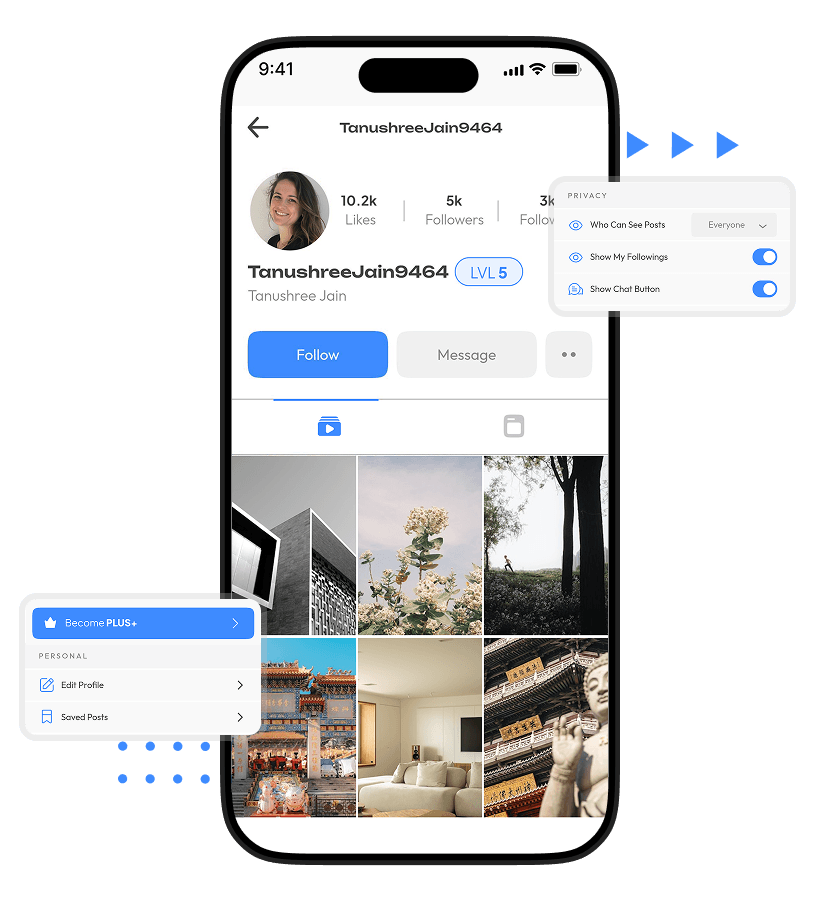 UpScrolled clone creator profile management, premium membership access, privacy controls, and social engagement features