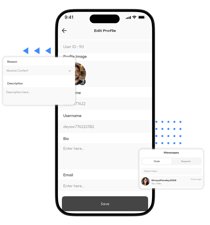 UpScrolled clone profile editing, user reporting, direct messaging, and account customization features