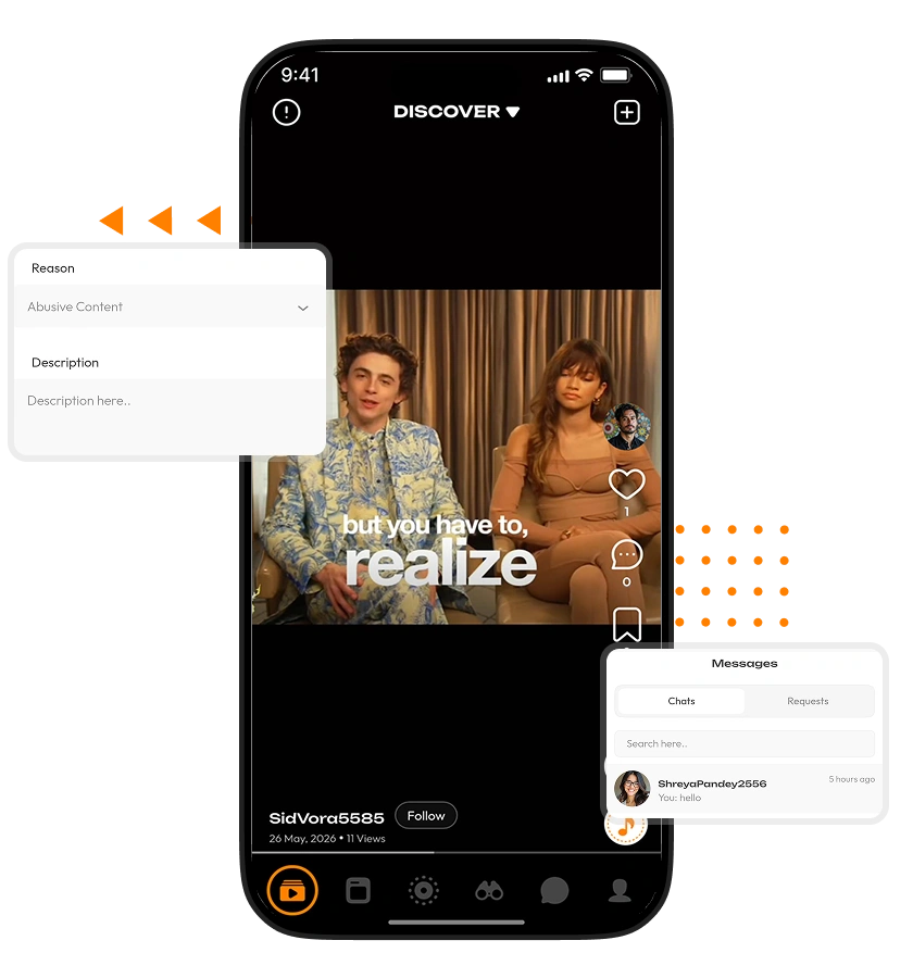 Clapper clone app displaying short video feed, messaging, and content reporting features