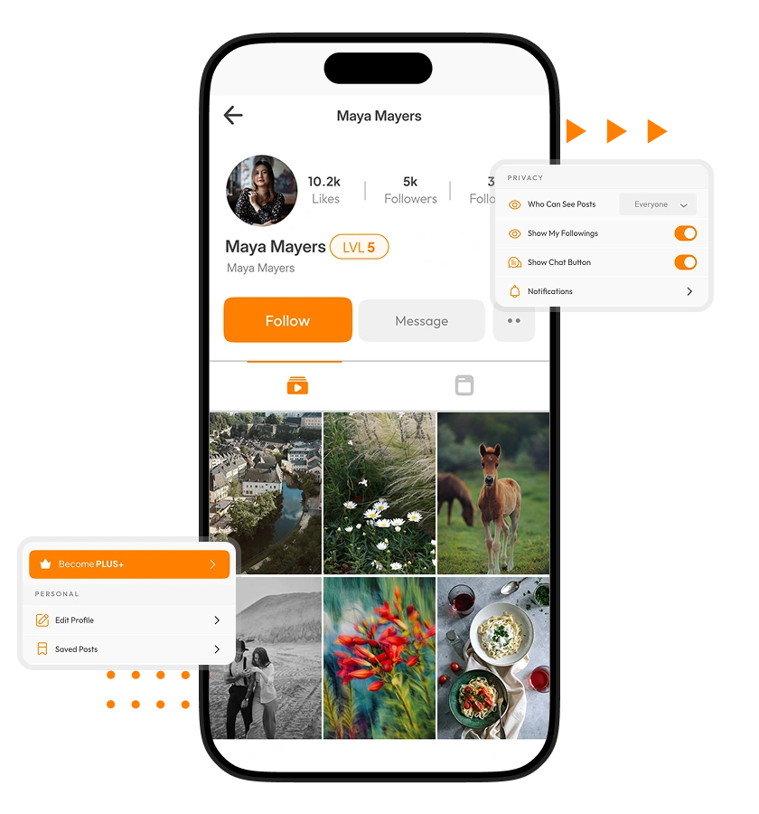 Clapper clone app featuring creator profiles, privacy settings, and account customization