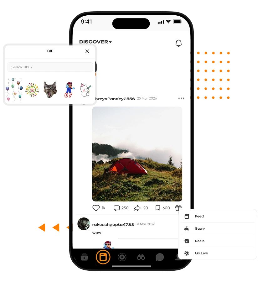Clapper clone app showcasing community feed, GIF sharing, and content creation tools