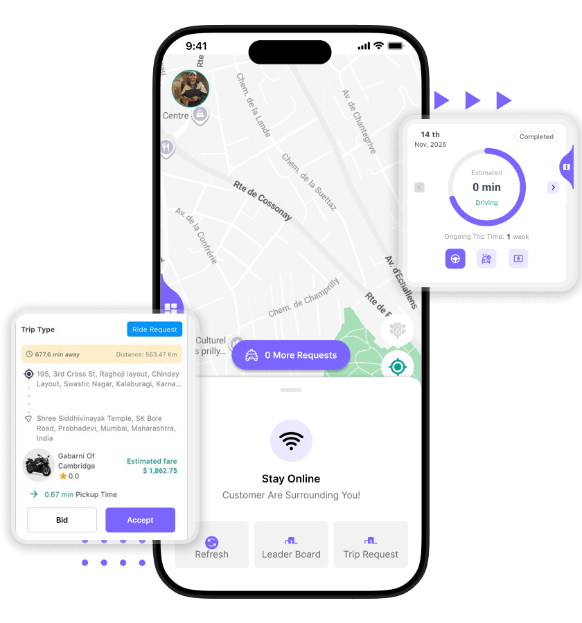 UberMoto clone driver operations feature with ride request handling, live availability controls, and trip activity monitoring