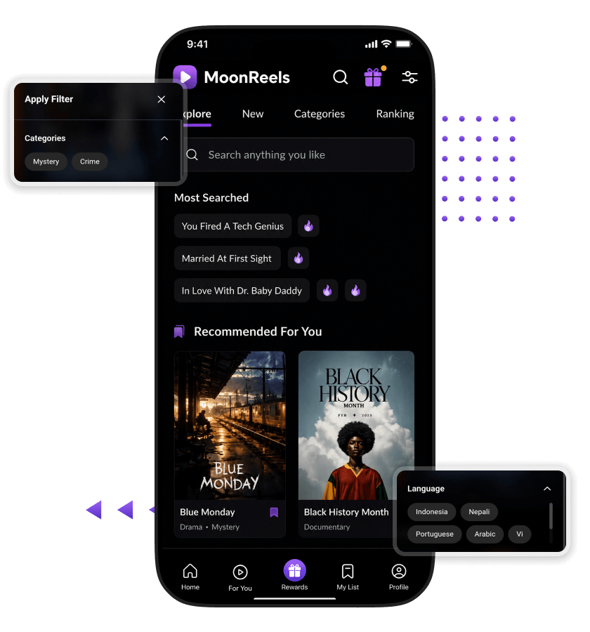 DramaBox clone content discovery with search, categories, recommendations, and language filters
