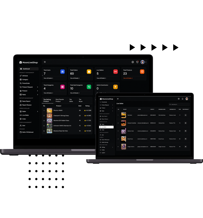 Fanatics Live Clone admin dashboard with seller management, product listings, orders, sales reports, and live seller analytics