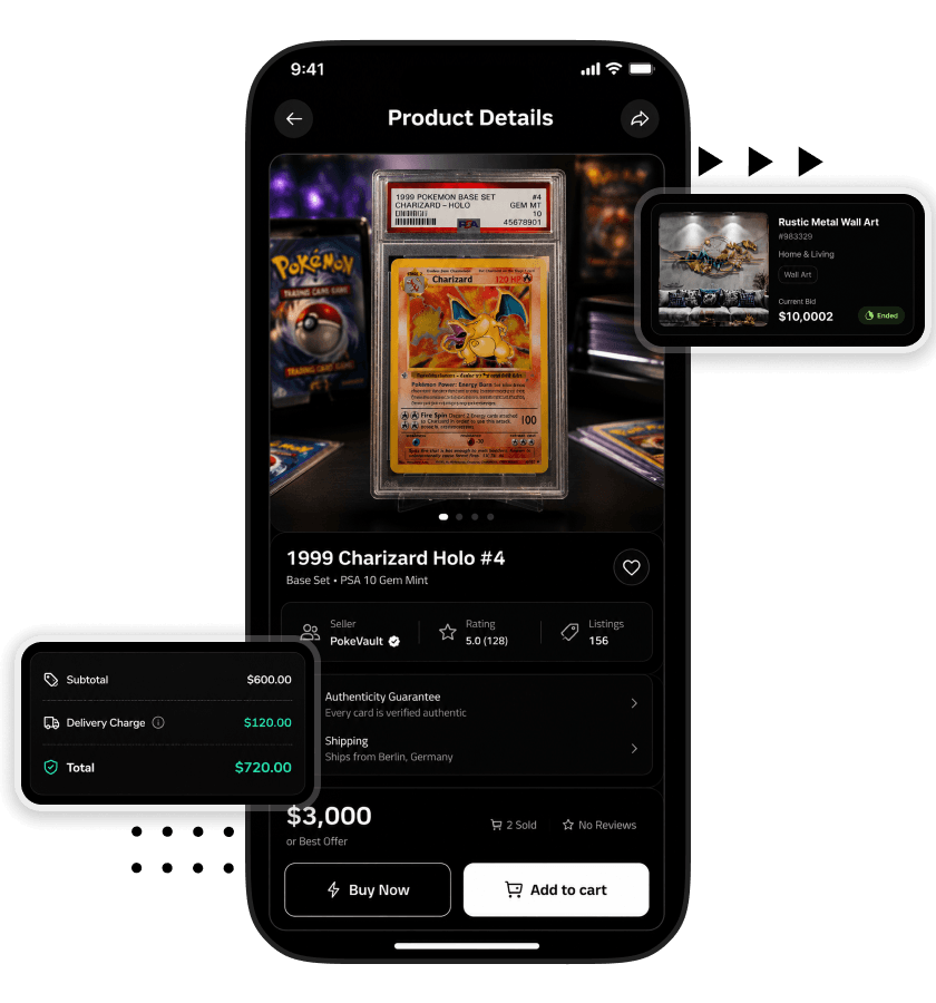 Fanatics Live Clone product details screen with collectible card listing, seller information, authenticity guarantee, pricing, and buy now options