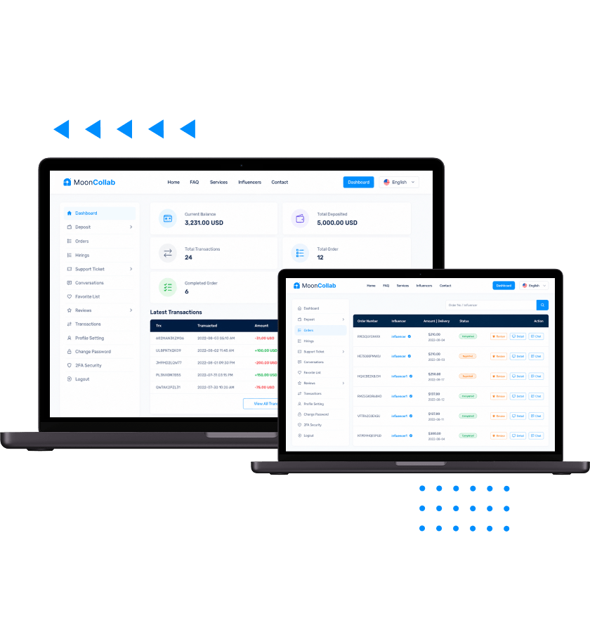 Influencer marketplace client dashboard for managing orders, transactions, balances, and influencer collaborations