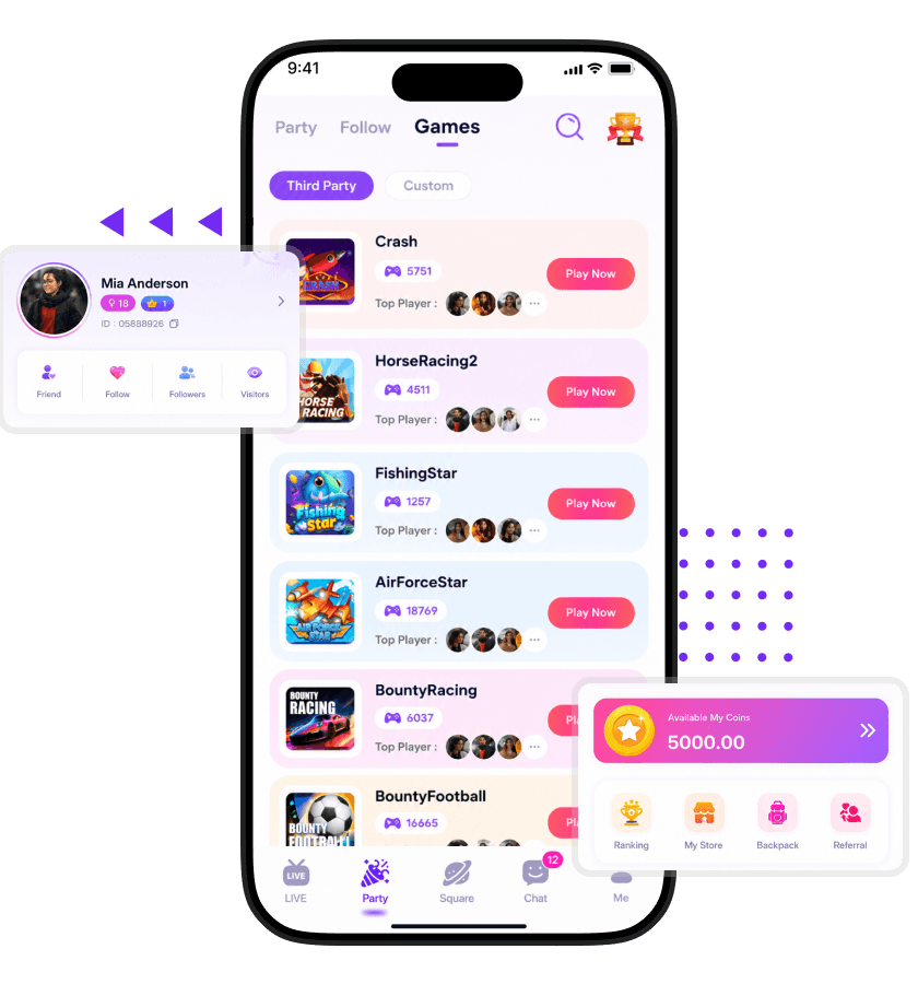 Poppo Live clone games screen displaying third-party games, player rankings, Play Now buttons, user profile preview, available coins, and quick-access features