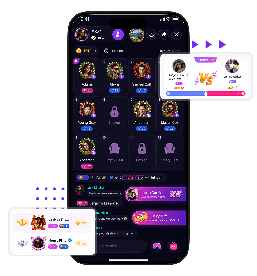 Poppo Live clone live room screen featuring participant slots, live chat, virtual gifts, coin balance, PK battle overlay, and ranking highlights