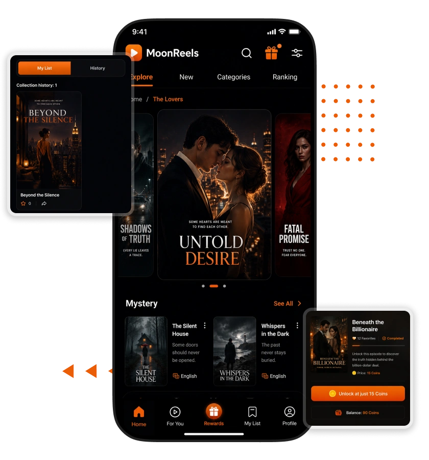 ShortMax clone app core navigation feature showcasing the home feed, saved content, premium unlocks