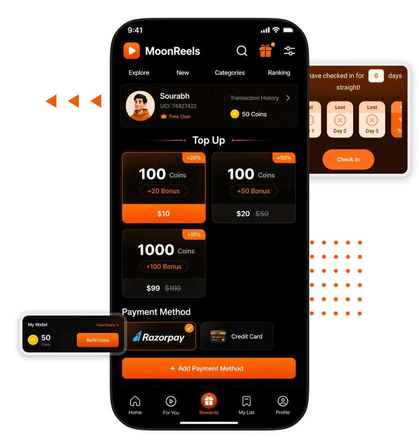 ShortMax clone app wallet and rewards feature with coin top-ups, daily rewards, payment options