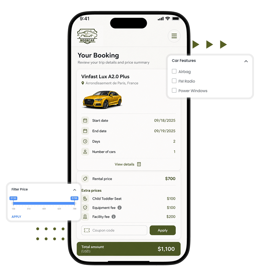 White Label Car Rental App booking summary and payment management