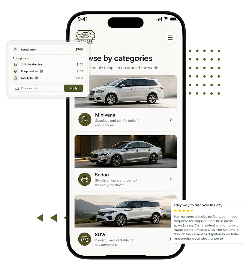 White Label Car Rental App category-based vehicle browsing interface