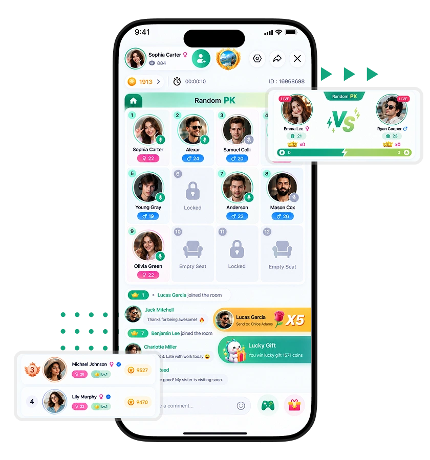 Chamet clone interactive PK battle, multi-host live rooms, participant seats, locked and empty slots, live chat features