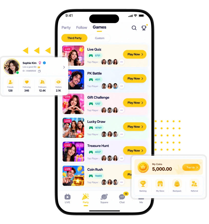 Chatroulette Clone games interface featuring live quizzes, PK battles, gift challenges, lucky draw, and coin rewards