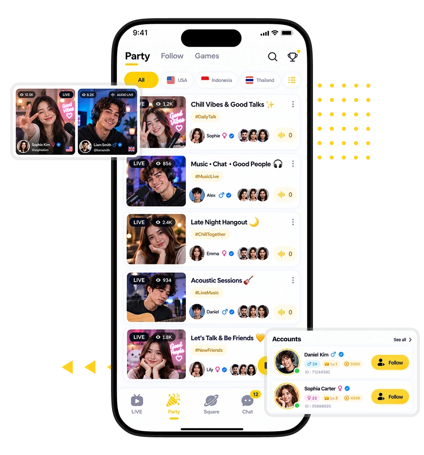 Chatroulette Clone live party interface with video streams, user profiles, and social interactions