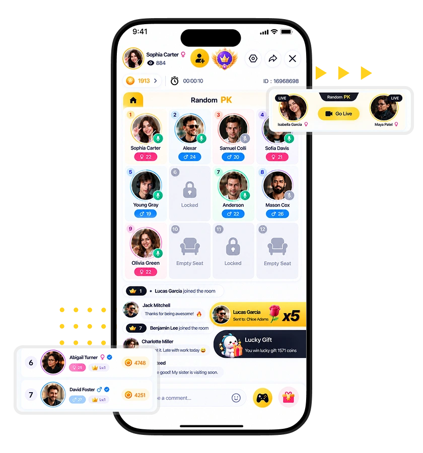 Chatroulette Clone live room interface with random video chat, participants, gifts, and interactions
