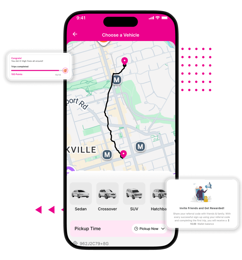 Jeeny clone vehicle selection, route planning, loyalty, and referral features